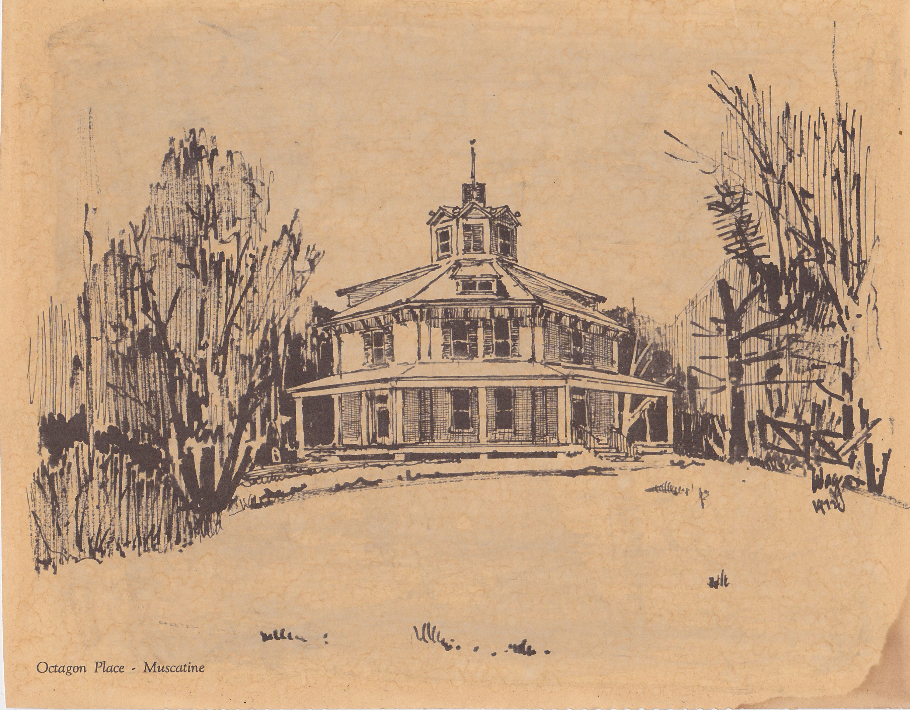Drawing of Octagon Place, Muscatine, IA from a 1930s calendar
